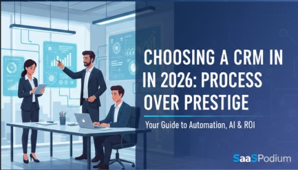 A professional digital illustration for SaaSPodium featuring a modern office team analyzing data dashboards. The image includes the bold headline "CHOOSING A CRM IN 2026: PROCESS OVER PRESTIGE A professional digital illustration for SaaSPodium featuring a modern office team analyzing data dashboards. The image includes the bold headline "CHOOSING A CRM IN 2026: PROCESS OVER PRESTIGE