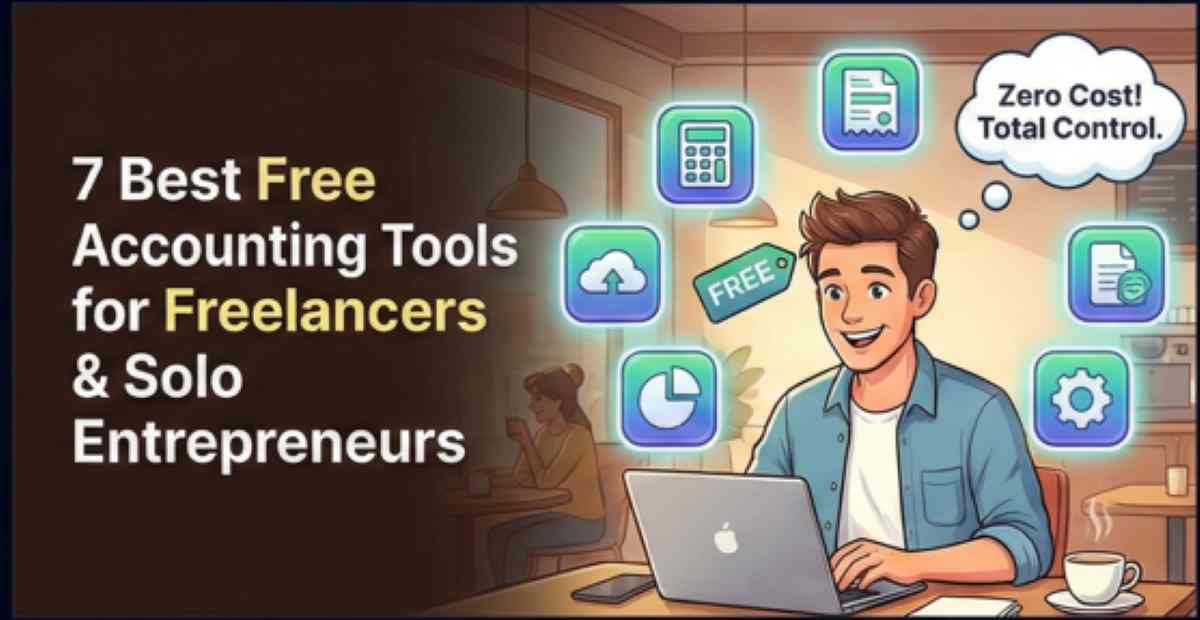 Illustration of a happy freelancer using free accounting tools like Zoho Books and Wave, surrounded by icons of savings and zero-cost invoices