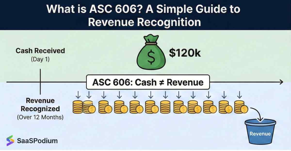 Diagram explaining ASC 606 revenue recognition showing a $120k upfront cash payment being recognized as revenue incrementally over 12 months