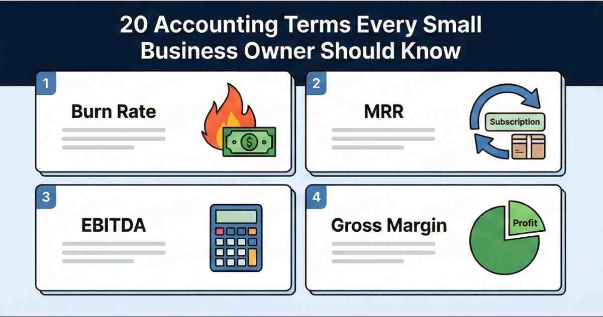 Infographic illustrating key accounting terms for small businesses including icons for Burn Rate, MRR, EBITDA, and Gross Margin