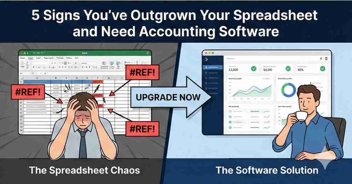 Split screen comparison showing a stressed user dealing with spreadsheet errors versus a relaxed user managing finances with automated accounting software