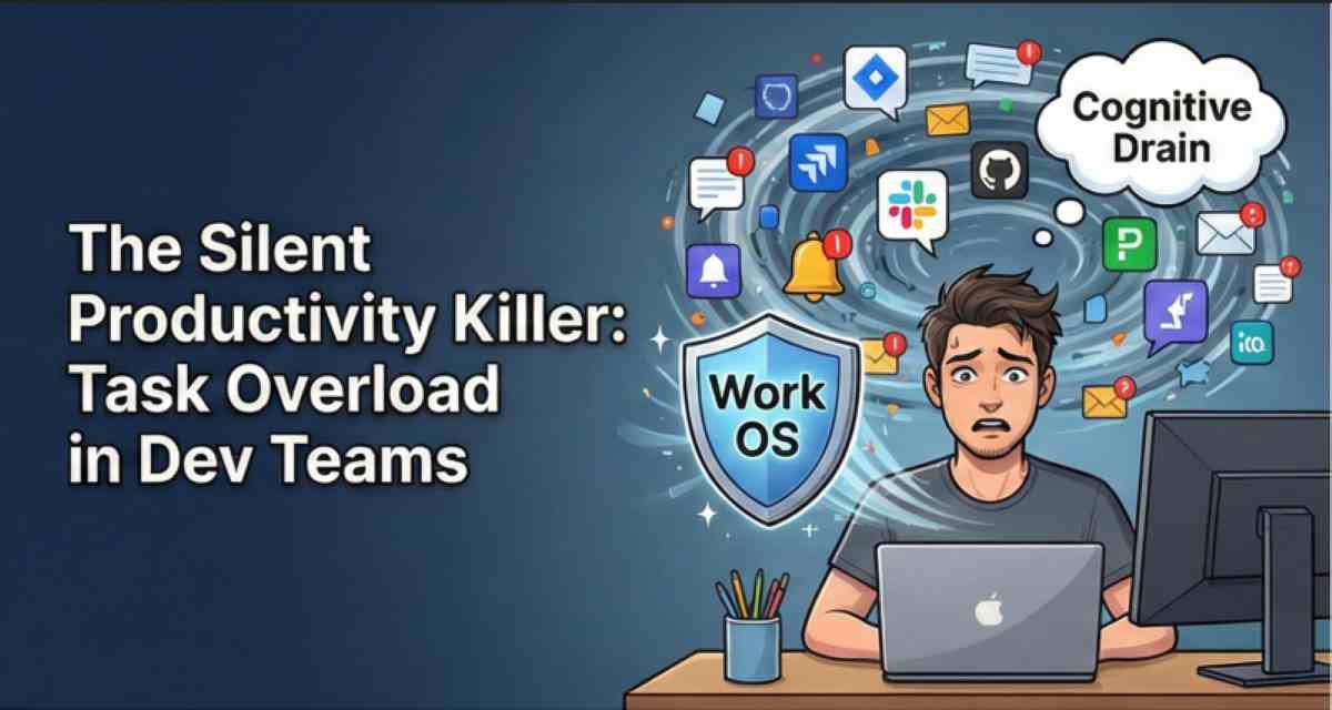 Illustration of an overwhelmed software developer facing a vortex of app notifications causing cognitive drain, with a Work OS shield protecting their productivity