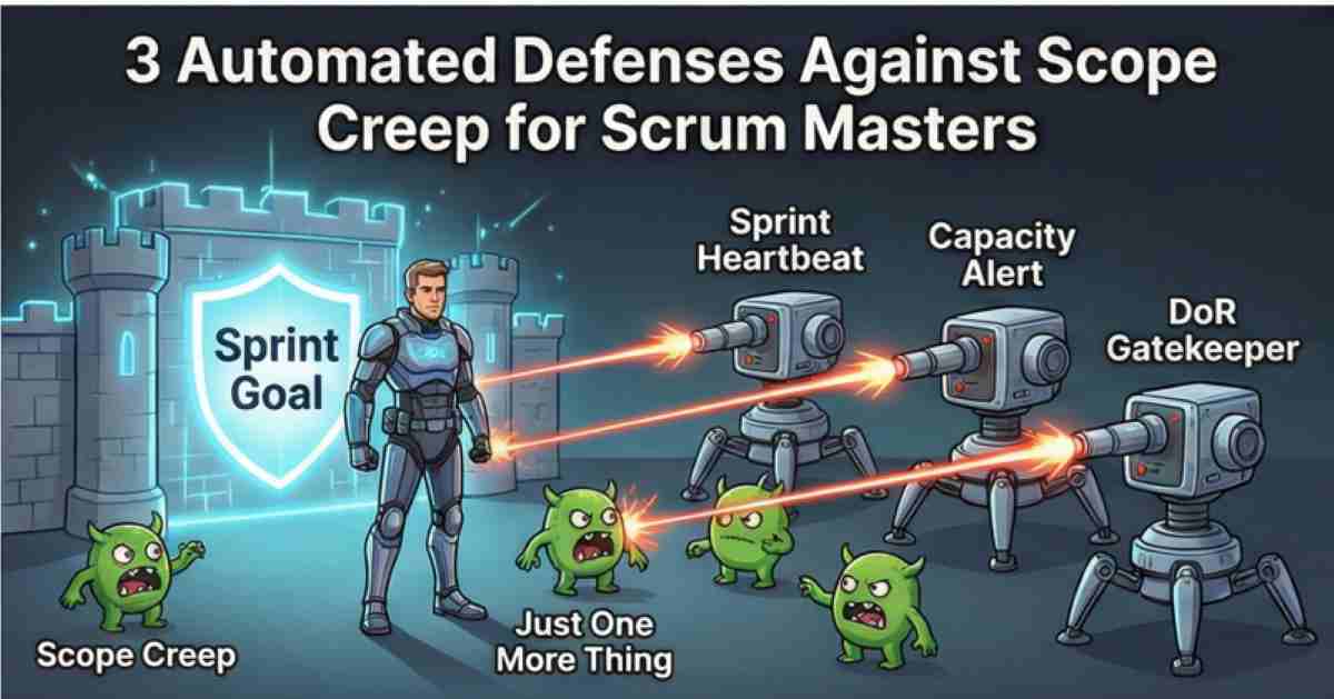 Graphic of a Scrum Master defending a sprint goal fortress using automated tool turrets like capacity alerts and DoR gatekeepers to destroy scope creep monsters