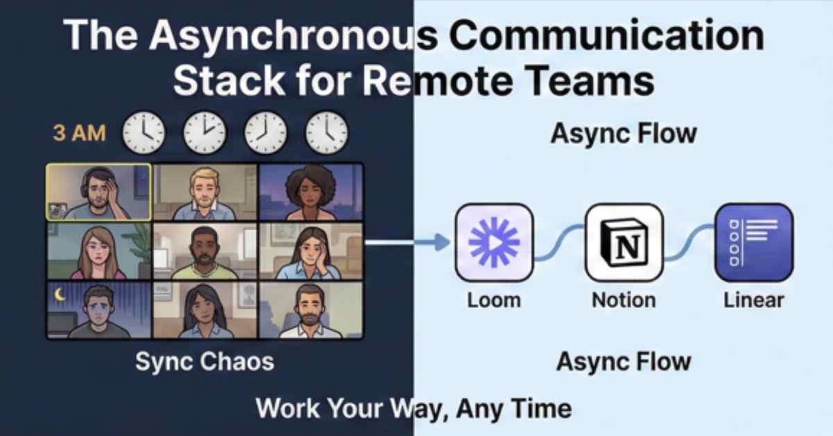 Split screen showing exhausted remote workers on a 3 AM video call grid labeled Sync Chaos versus a streamlined Async Flow using tools like Loom, Notion, and Linear