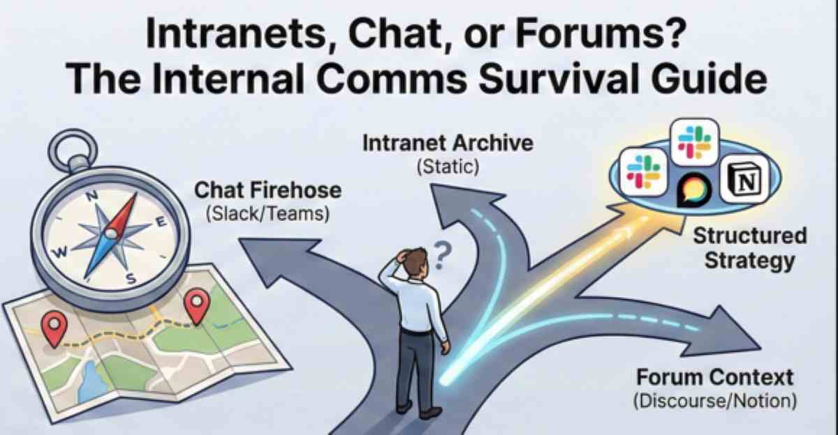 Illustration of an internal comms manager at a crossroads navigating between the fast-paced chat firehose, static intranet archives, and contextual forums to build a structured strategy