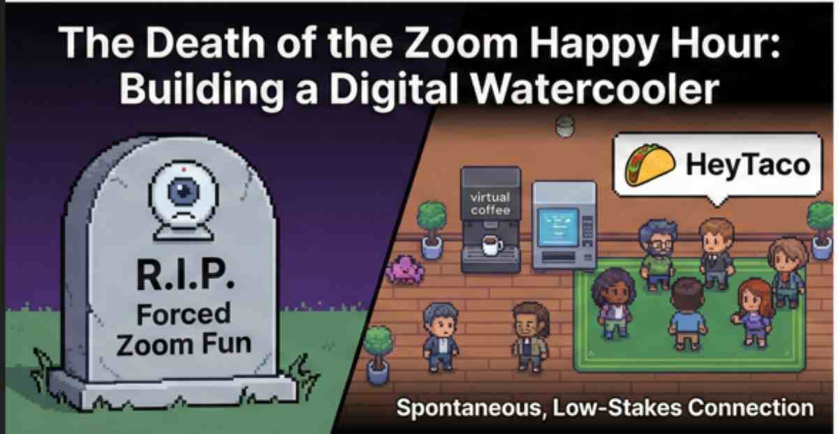 Graphic showing a tombstone for forced Zoom fun next to a vibrant 2D virtual office space illustrating a digital watercooler with spontaneous, low-stakes connection