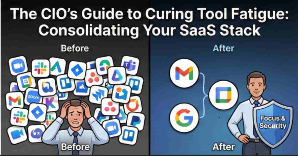 Before and after illustration of a CIO curing tool fatigue, transitioning from a stressed employee under a chaotic pile of SaaS apps to a calm professional with a consolidated, secure software stack