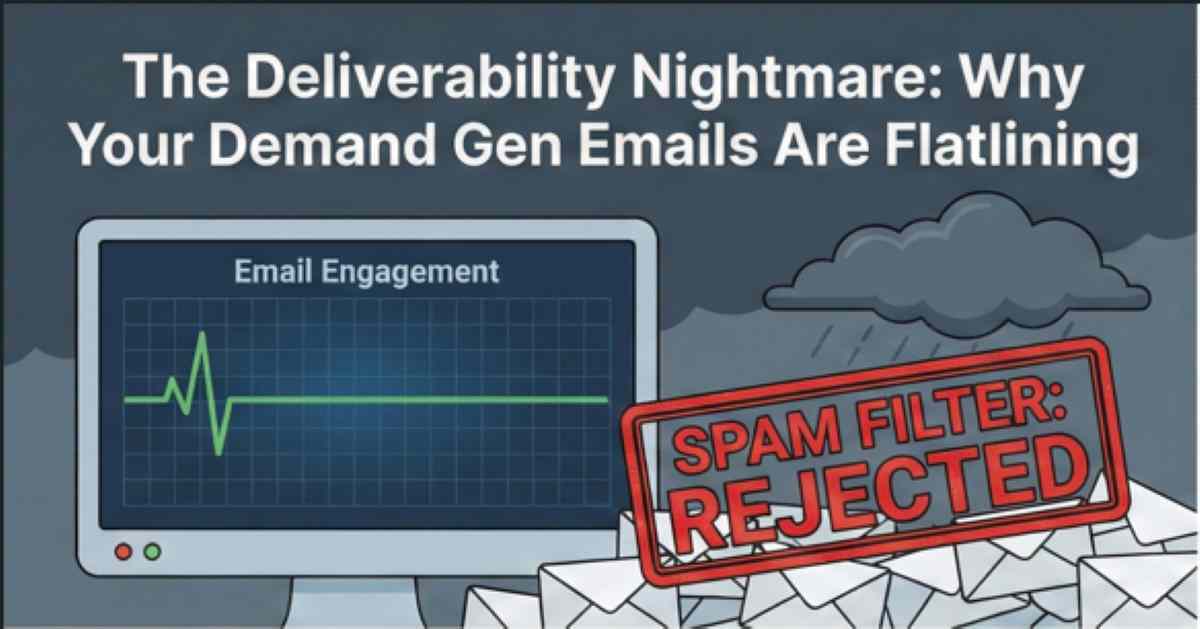 Illustration of a flatlining email engagement monitor surrounded by blocked envelopes and a red Spam Filter Rejected stamp