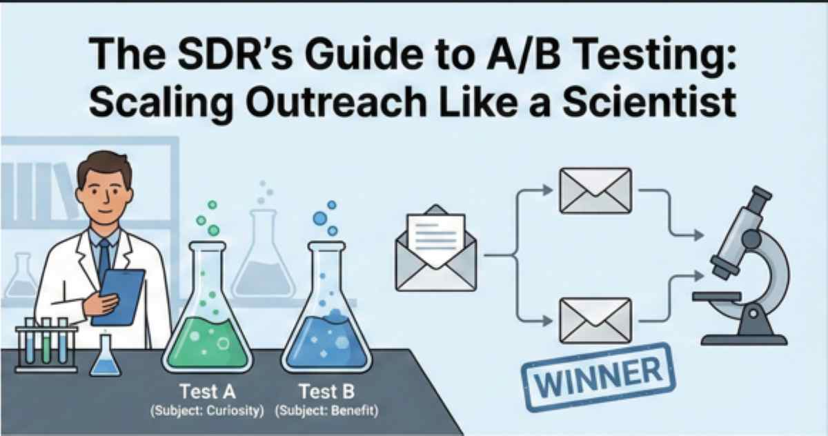 Graphic of a sales development representative dressed as a scientist using chemistry flasks and a microscope to A/B test cold email variations and find a winner