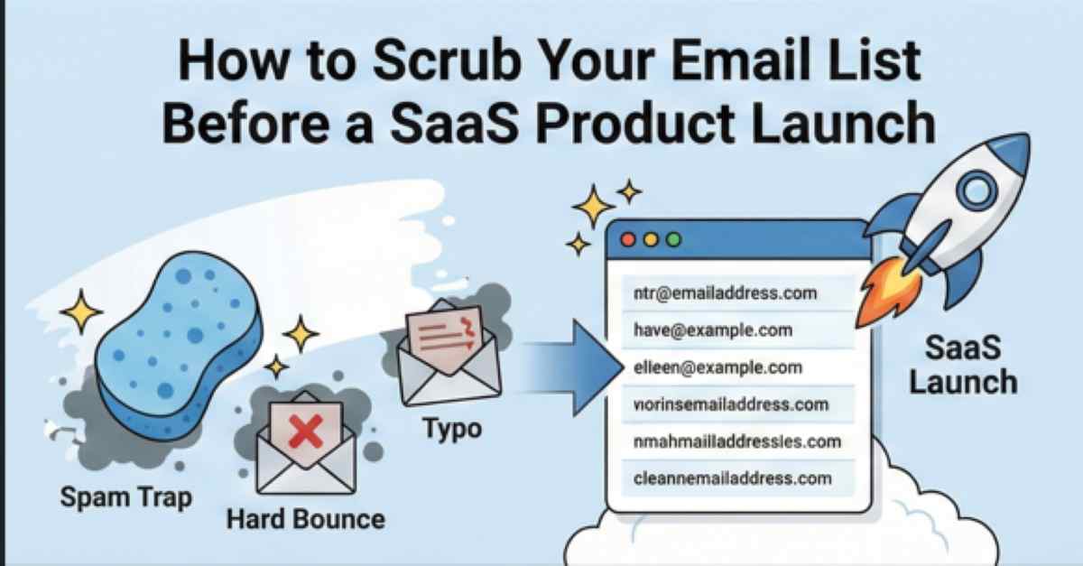 Illustration showing a sponge scrubbing away bad data like spam traps and hard bounces to create a clean email list for a SaaS rocket launch
