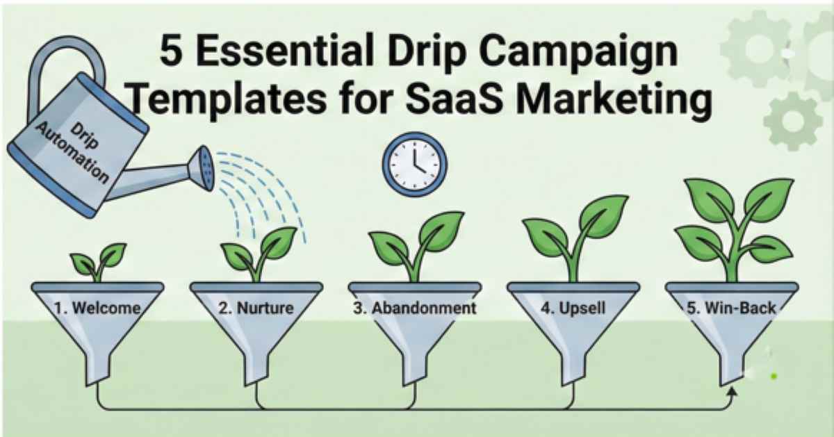 Diagram showing a drip marketing automation watering can nurturing five funnels with growing plants representing welcome, nurture, abandonment, upsell, and win-back campaigns