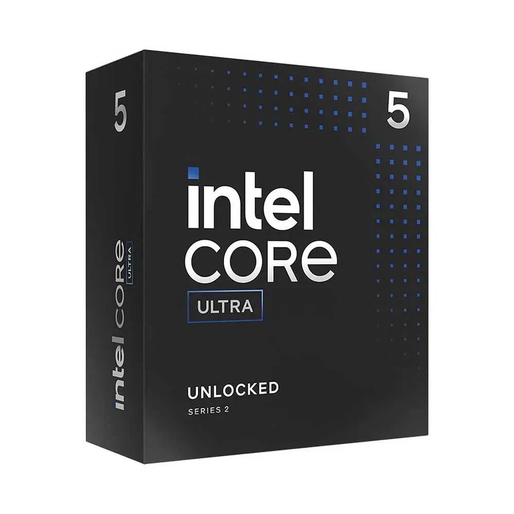A professional, high-resolution photograph of the Intel Core Ultra 5 245K desktop processor. The image features the metallic integrated heat spreader (IHS) with "Intel Core Ultra 5" and "245K" laser-etched on the surface.