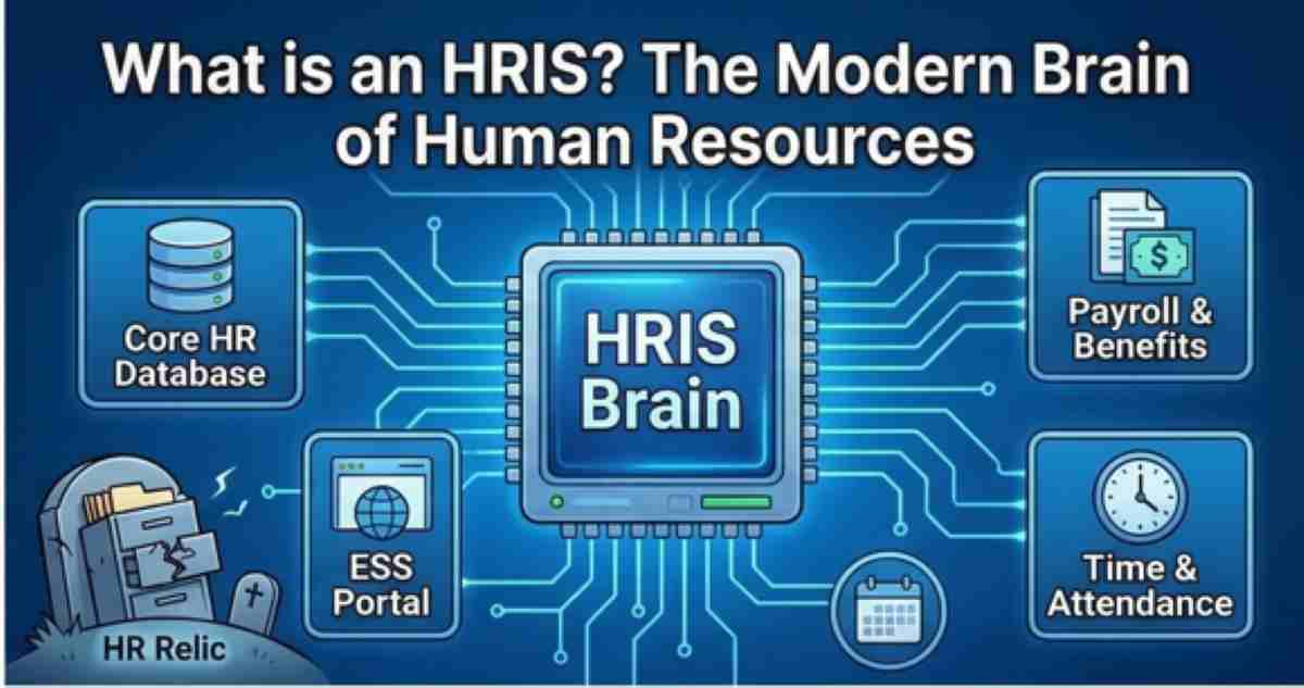 A futuristic computer processor labeled 'HRIS Brain' connecting core HR databases, payroll, employee self-service, and time attendance.