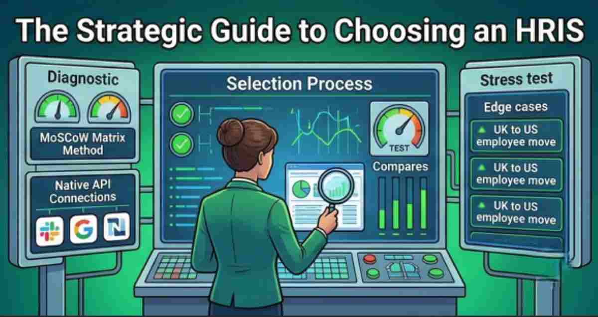An HR professional standing at a diagnostic control panel evaluating software using the MoSCoW matrix and native API connections.