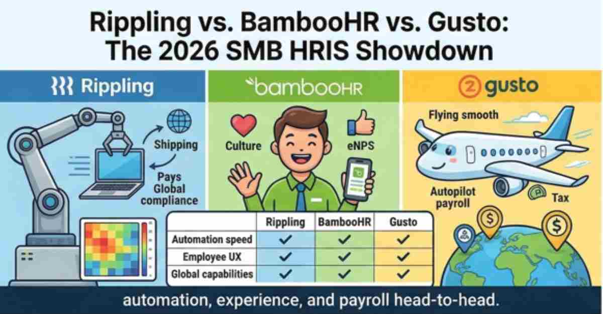 Comparison graphic of Rippling, BambooHR, and Gusto HRIS platforms, illustrating key features like automation, company culture, and autopilot payroll alongside a feature matrix