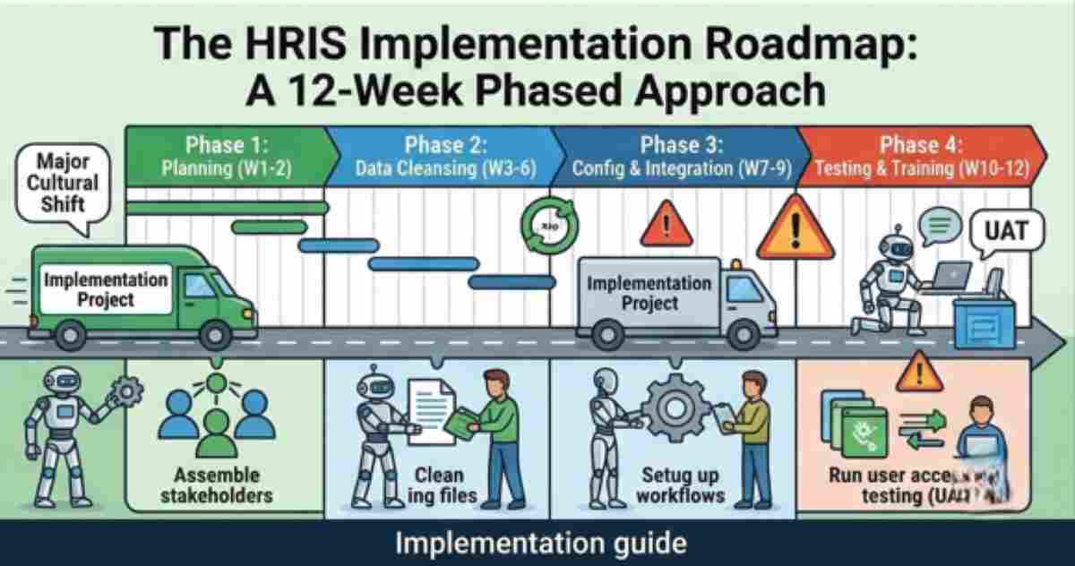 A 12-week phased roadmap diagram for HRIS implementation, showing workers and robots moving through planning, data cleansing, configuration, and user acceptance testing phases