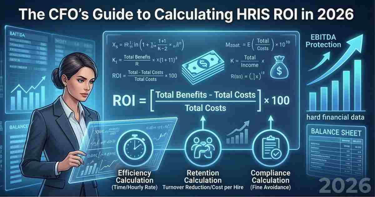 A CFO analyzing a holographic financial dashboard showing formulas for efficiency, retention, and compliance calculations to protect EBITDA.