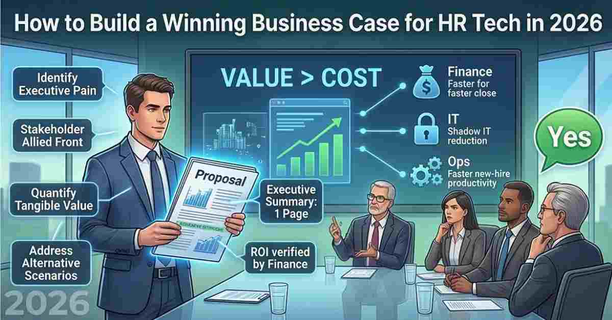 A confident executive presenting a one-page HR tech proposal to a board of directors, highlighting value over cost and stakeholder alignment.