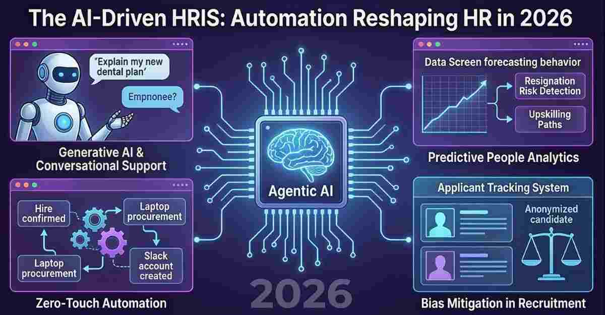 A glowing AI brain microchip connected to automated HR workflows including generative support, predictive people analytics, and zero-touch IT provisioning.