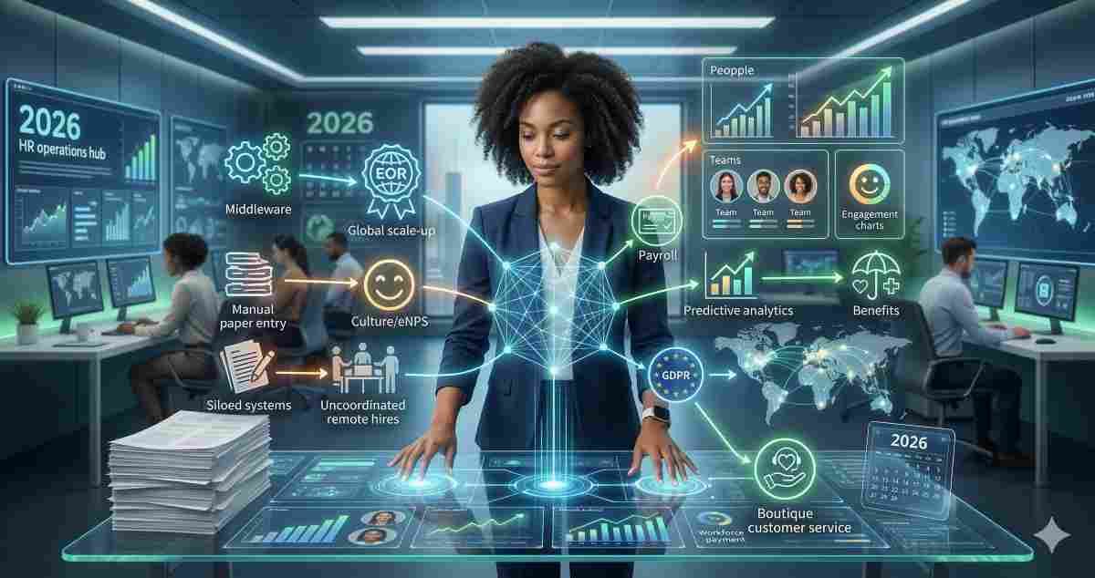 An HR professional in a modern 2026 operations hub interacting with a futuristic holographic HRIS control desk that transforms manual paper entry and siloed systems into automated payroll, predictive analytics, and global compliance