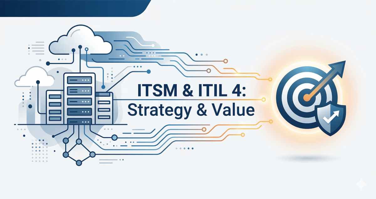 A modern digital illustration showing abstract IT server infrastructure on the left connecting via circuit lines to a glowing business target on the right, with central text reading 'ITSM & ITIL 4: Strategy & Value'.