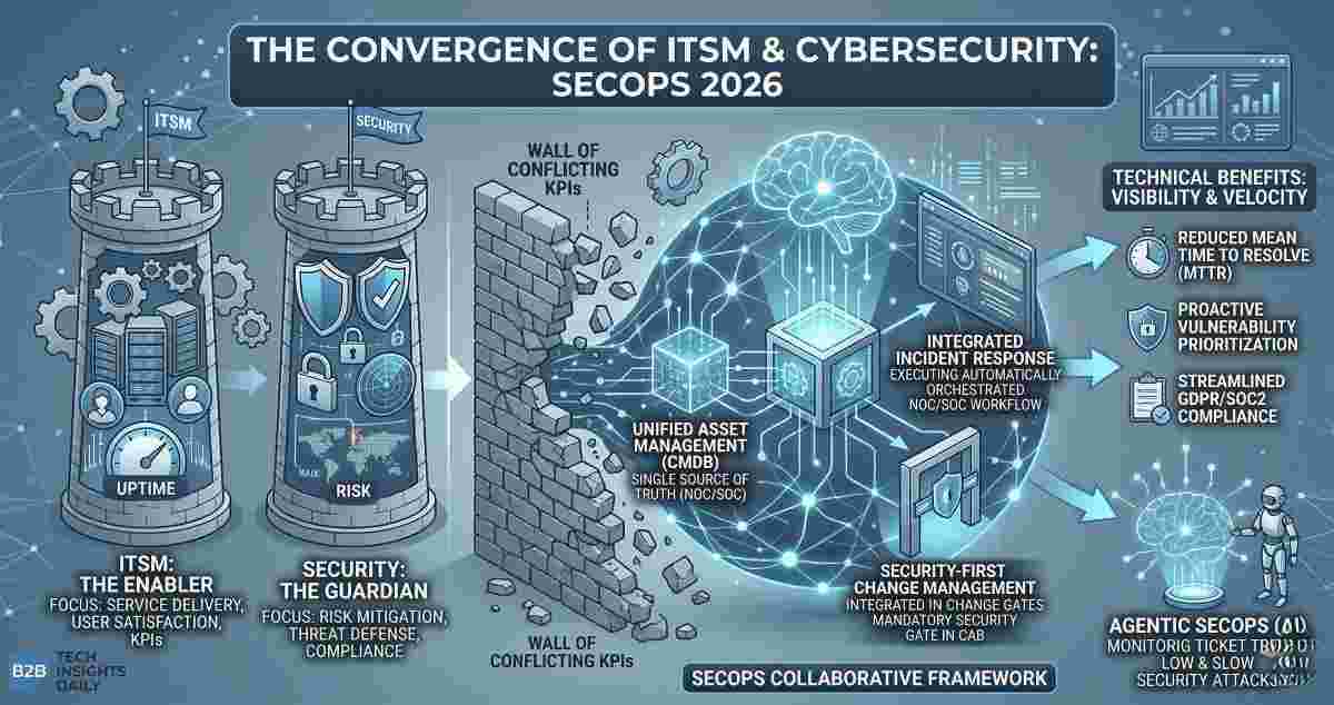 An infographic titled 'THE CONVERGENCE OF ITSM & CYBERSECURITY: SECOPS 2026'. On the left, two isolated towers represent ITSM ('The Enabler') and Security ('The Guardian'). A 'Wall of Conflicting KPIs' between them is breaking down into a glowing digital network representing the 'SecOps Collaborative Framework'. The central network connects three core pillars: Unified Asset Management, Integrated Incident Response, and Security-First Change Management. The right side highlights technical benefits like reduced MTTR and streamlined compliance, alongside an AI robot illustrating 'Agentic SecOps' monitoring ticket trends.