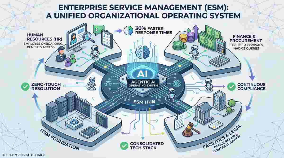An infographic titled 'ENTERPRISE SERVICE MANAGEMENT (ESM): A UNIFIED ORGANIZATIONAL OPERATING SYSTEM'. A central 'Agentic AI Operating System' hub connects to four department nodes: Human Resources, Finance & Procurement, Facilities & Legal, and the ITSM Foundation. Small AI robot figures travel along digital pathways connecting the hub to each department. Four key benefits are highlighted around the perimeter: 30% faster response times, continuous compliance, consolidated tech stack, and zero-touch resolution.