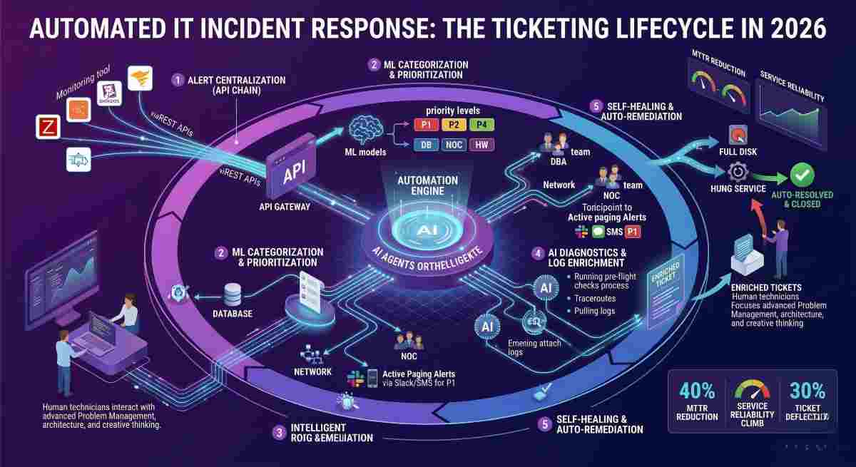 A detailed infographic flow visualizing the automated IT incident response ticketing lifecycle in 2026. This professional vector illustration shows continuous data movement through the five content steps: API centralization, ML categorization, intelligent routing, AI diagnostics with log enrichment, and culminating in self-healing auto-remediation. Icons depict tasks like fixing common issues, such as full disks or hung services, autonomously to reduce MTTR and improve service reliability. The central 'AUTOMATION ENGINE' glows with purple light as AI agents orchestrate high-priority issue routing and zero-touch resolutions, including escalation paths for failed remediation scripts. Small charts display rising 'AUTOMATION RATE' and declining 'MTTR' benchmarks.