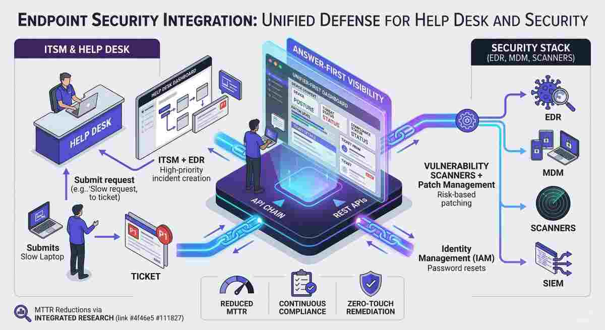 A modern infographic contrasts a manual IT service desk with a Generative AI-powered one. On the left, a traditional desk has Red Alert and Siloed Data, leading to Agent Burnout. On the right, a GenAI Service Desk (2026) uses autonomous agents for Root-Cause Analysis, Self-Healing, and Knowledge Creation. A glowing 'AGENTIC AI HUB' coordinates unified data through 'API CHAIN', 'LLM', and other technical modules, providing '50% MTTR REDUCTION', CSAT gains, and scalability. Human strategic analysts collaborate with the AI, which translates support requests instantly. Small icons and data charts display CSAT, MTTR, and agent productivity metrics. The primary color palette is blue, white, and grey.