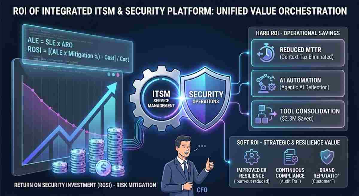 An infographic illustrating the high financial Return on Investment (ROI) and risk mitigation achieved by integrating ITSM and Security operations into a unified platform. It details hard savings through reduced MTTR and AI automation, soft benefits like strategic resilience, and provides the actual ROSI formula for enterprises.