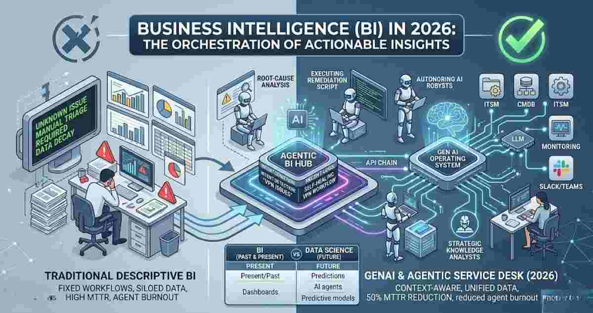 Gemini said An infographic illustrating Business Intelligence, showing data flowing into a centralized cloud warehouse, where AI agents transform raw information into actionable insights for strategic decisions in 2026