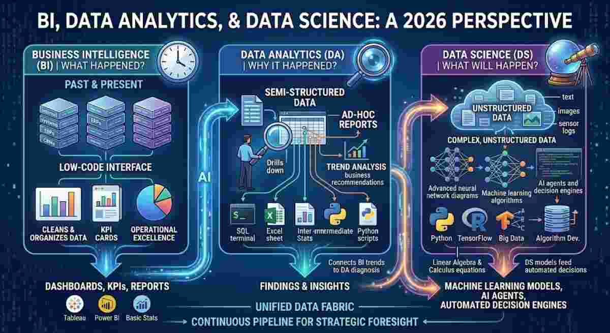 An infographic illustrating the difference between BI, Data Analytics, and Data Science in a continuous data pipeline for 2026. A unified, dynamic pipeline shows three distinct vertical sections: Business Intelligence (BI) with dashboards, KPIs, and past/present clock for reporting 'What Happened?'; Data Analytics (DA) with diagnostic tools and trend analysis for discovering 'Why It Happened?'; and Data Science (DS) with machine learning models, AI agents, and a crystal ball with telescope for predictive foresight. Icons representing technical stacks like Python, SQL, Tableau, TensorFlow, and specific mathematics appear in their relevant sections, all unified by glowing digital streams and a subtle AI presence, with minimal descriptive text labels.
