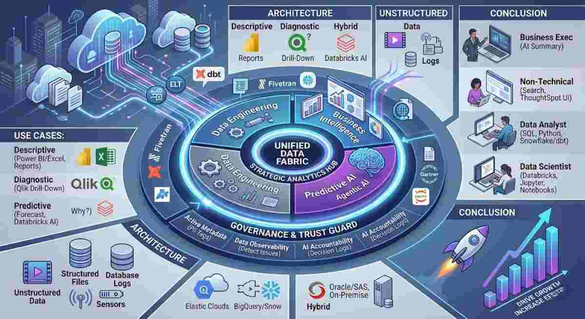 A professional isometric vector infographic illustrating a strategic data analytics platform selection roadmap for 2026, visualizing a centralized glowing Unified Data Fabric that integrates data engineering, BI, and predictive AI, branching out to detail descriptive, diagnostic, and predictive use cases, cloud-native vs. hybrid architecture, robust data governance features like active metadata, data observability, and AI accountability, with tailored user personas like data exec, non-technical, data analyst, data scientist using tailored screens and diverse tools. Charts and a rocket indicate growth and efficiency.