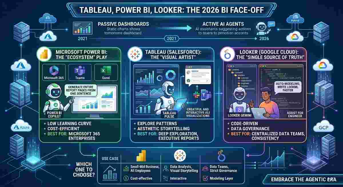 An infographic comparing Tableau, Power BI, and Looker in 2026, showing the shift from dashboards to AI-driven Agentic Analytics. It visualizes the key features, ecosystem plays, learning curves, and AI capabilities like Power BI Copilot, Tableau Pulse, and Looker Gemini auto-modeling, with a summary guiding tool selection.