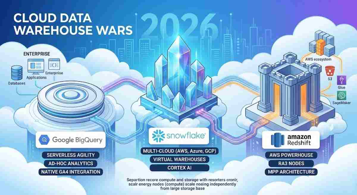 An infographic illustrating a comparison of cloud data warehouses: Snowflake, Google BigQuery, and Amazon Redshift, highlighting key features like virtual warehouses, serverless agility, and MPP architecture, set in a futuristic 2026 data landscape with AI integration.
