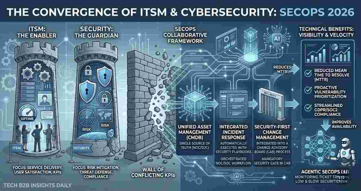 An infographic illustrating the convergence of ITSM and Cybersecurity into a unified SecOps 2026 framework. It visualizes the breaking down of conflicting KPI walls between IT and Security, leading to a collaborative network of unified asset management (CMDB), integrated incident response, and security-first change management, resulting in reduced MTTR, streamlined compliance, and AI-driven Agentic SecOps.