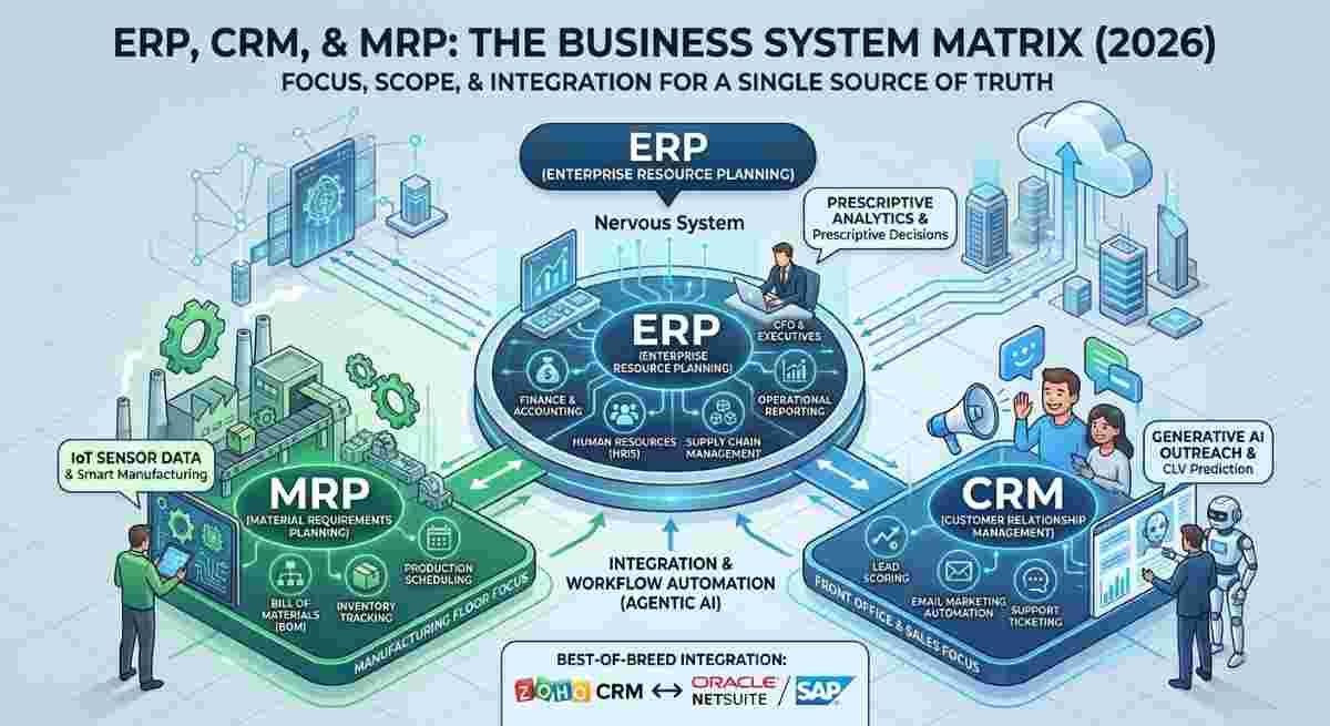 Infographic comparing ERP, CRM, and MRP systems in 2026, illustrating their integration for AI-driven manufacturing, sales, and enterprise resource planning.