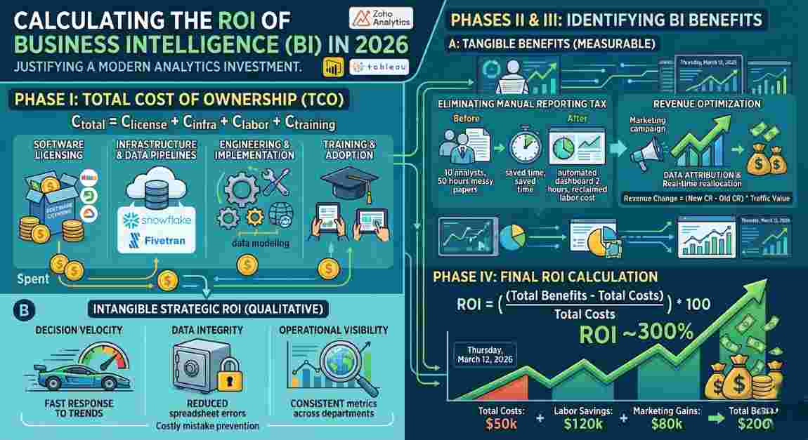 An infographic illustrating the four phases of calculating ROI for Business Intelligence (BI) software in 2026, breaking down costs versus benefits for modern analytics investments.