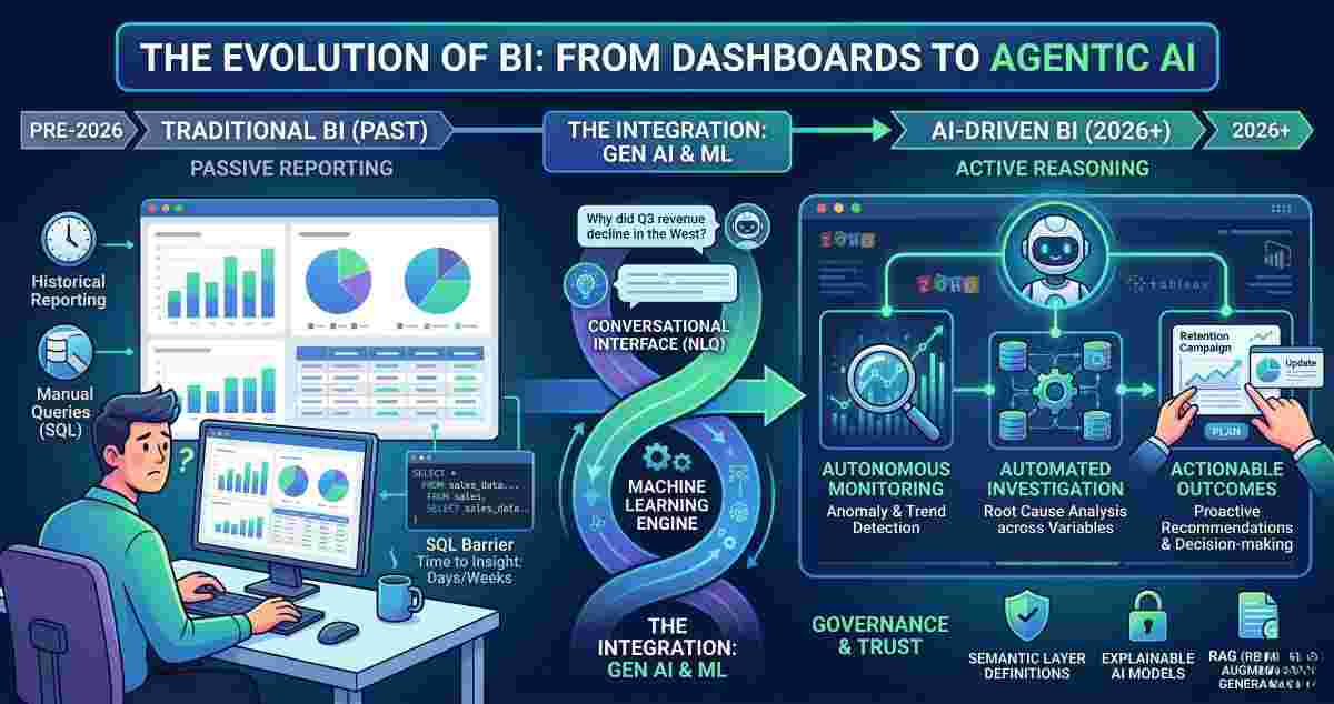 Infographic illustrating the evolution of business intelligence from traditional passive reporting dashboards to modern AI-driven agentic analytics and natural language querying.