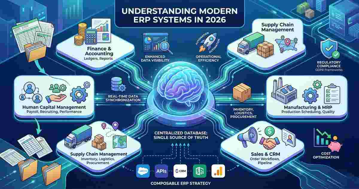 An infographic illustrating the core functions and benefits of a modern Enterprise Resource Planning (ERP) system, showing how a centralized database integrates business processes like finance, HR, manufacturing, and supply chain for operational intelligence in 2026.