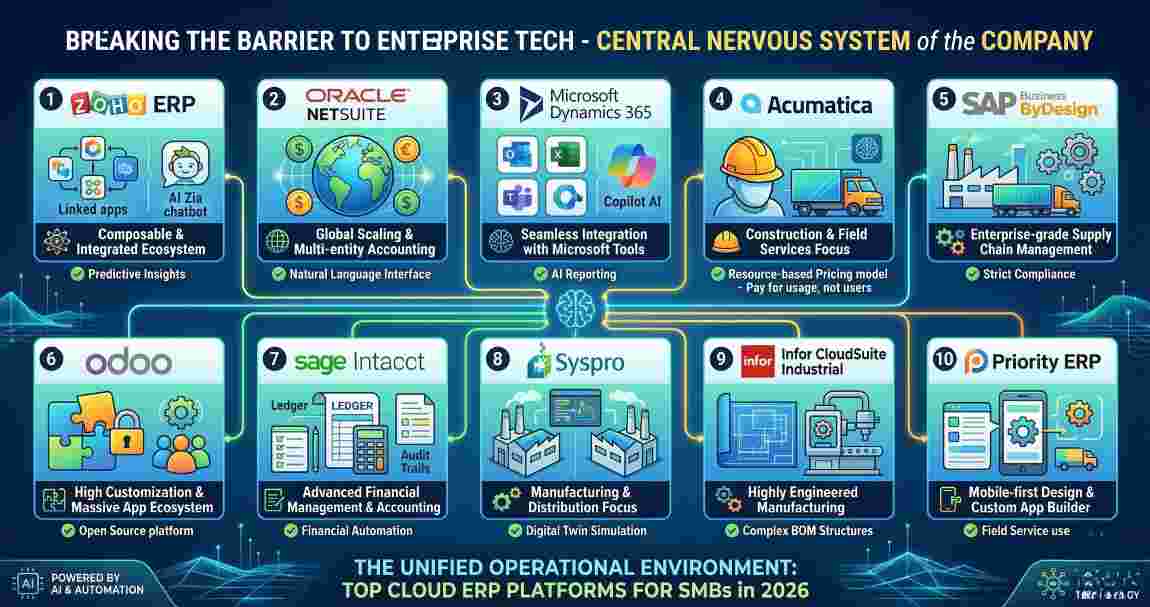 An infographic ranking top cloud ERP platforms for small and mid-sized businesses in 2026, highlighting their core strengths in AI, automation, and integrated operational environments.
