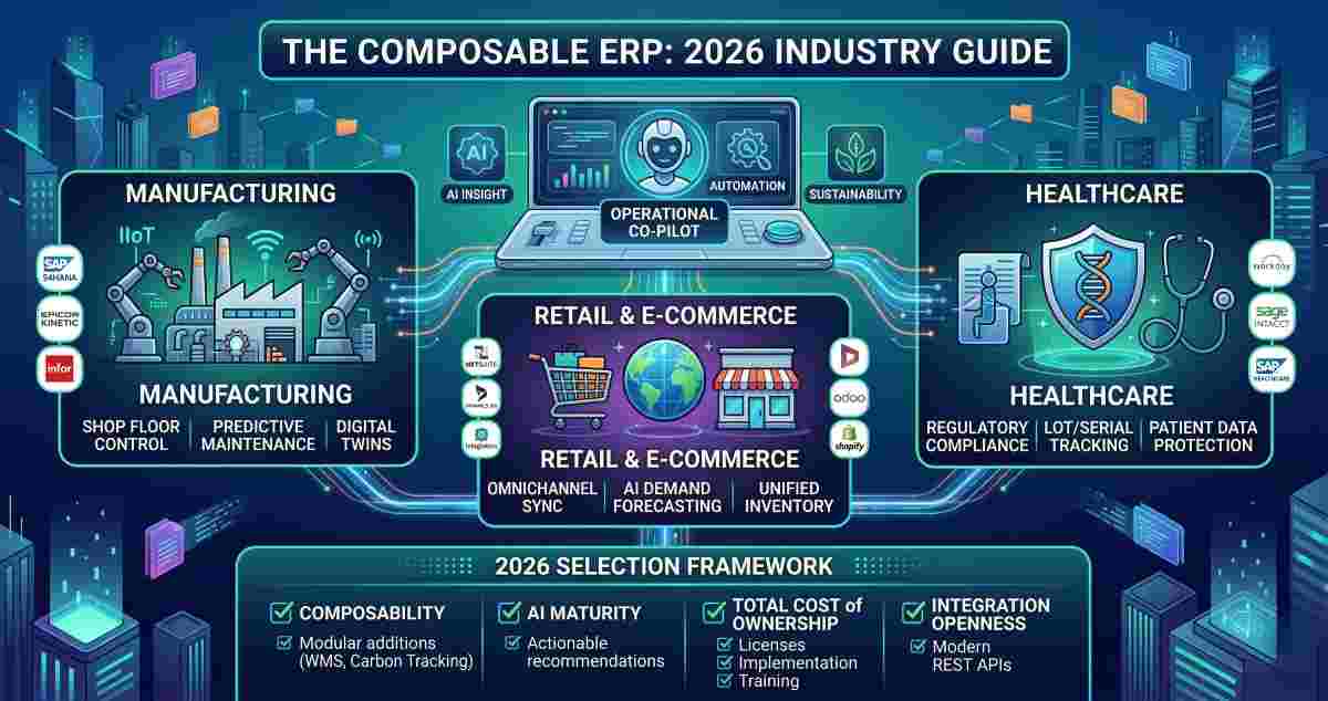 Infographic guide to Composable ERP in 2026, showing requirements for Manufacturing, Retail, and Healthcare industries, including Digital Twins, AI Demand Forecasting, and Regulatory Compliance, with a selection framework.