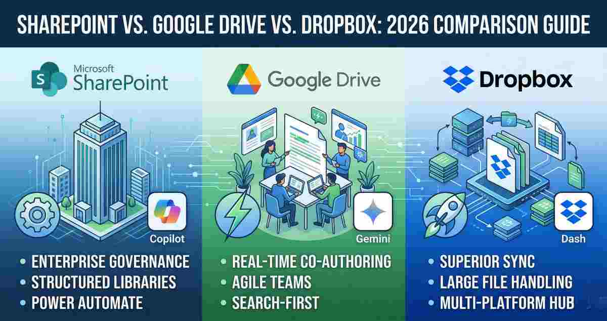 An infographic comparing SharePoint, Google Drive, and Dropbox for enterprise document management in 2026. Includes logos and key feature highlights.