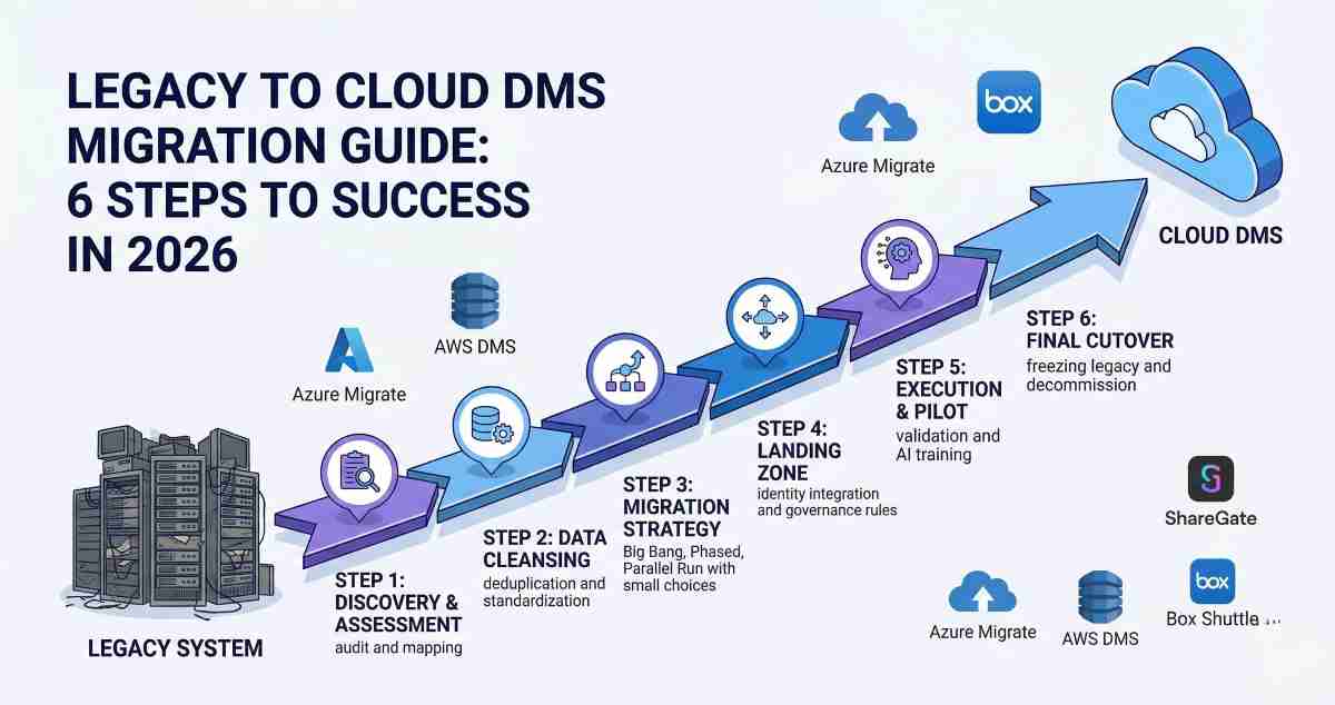 An infographic illustrating a 6-step guide to migrating from legacy systems to a cloud Document Management System in 2026. Shows stages from discovery to cutover with relevant icons.