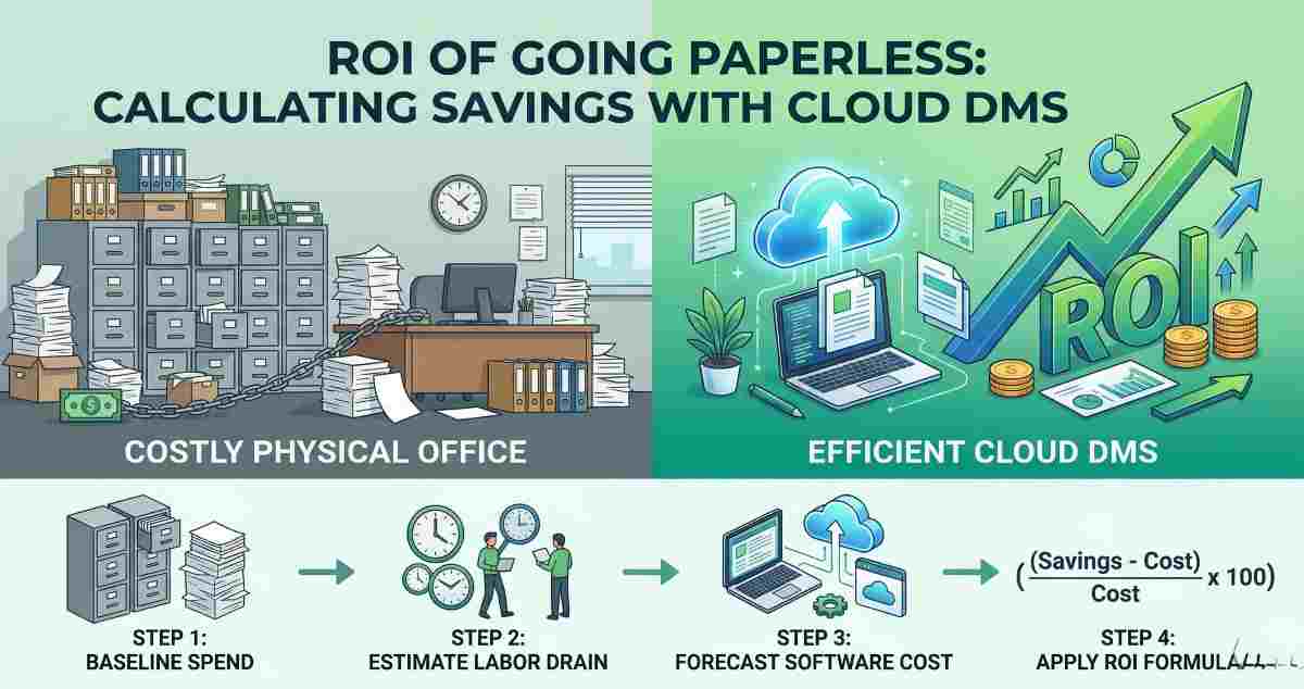 A comparison infographic calculating the ROI of going paperless with cloud document management software. Contrasts a cluttered physical office with a efficient digital workspace and growing profits.