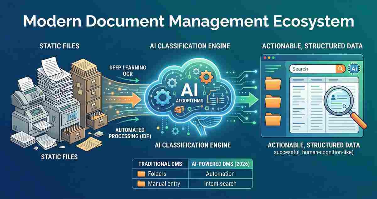Modern AI-powered document management system visualizing the transformation of static files into structured data through deep learning OCR and semantic smart search in 2026.
