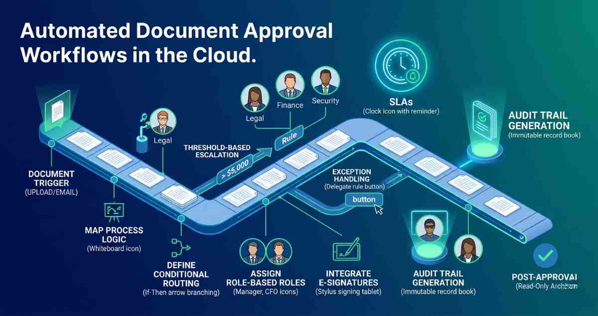 A professional digital flowchart illustrating a automated document approval workflow in the cloud, highlighting conditional logic routing, parallel approvals, integrated e-signatures, and notification loops.