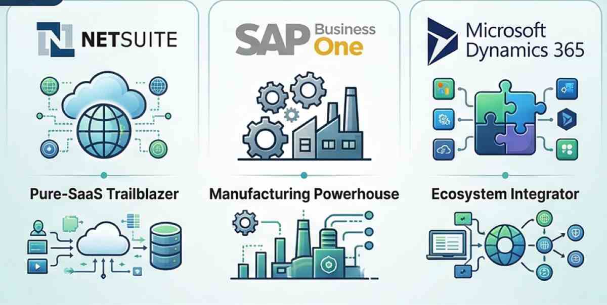 A comparative infographic for a blog post, displaying three professional columns labeled 'NetSuite: The Pure-SaaS Trailblazer', 'SAP Business One: The Industrial & Manufacturing Powerhouse', and 'Microsoft Dynamics 365: The Ecosystem Integrator', with stylized icons and key features below each, illustrating a head-to-head ERP software comparison.
