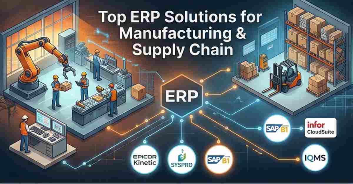A professional blog banner image with a dynamic digital illustration style, showing interconnected scenes of a manufacturing factory floor, a warehouse with forklifts, and data flow lines, with prominent logos and names of top ERP systems: Epicor Kinetic, SYSPRO, SAP Business One, Infor CloudSuite, and IQMS, highlighting a guide to manufacturing and supply chain ERP solutions.