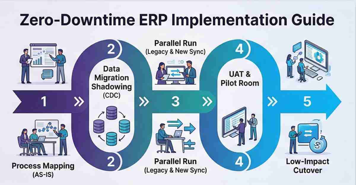 A professional, stylized infographic banner image visually breaking down a five-step zero-downtime ERP implementation guide: Step 1: AS-IS Process Mapping (interviews), Step 2: Data Migration Shadowing (CDC Sync), Step 3: Parallel Run (Legacy & New System Sync), Step 4: User Acceptance Testing (UAT & Pilot), and Step 5: Low-Impact Cutover and Post-Live Stabilization, depicting a seamless transition strategy.
